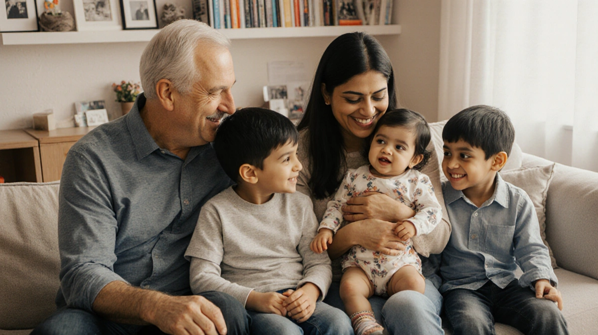 Usha Vance smiling while holding Mirabel with JD Vance looking lovingly beside her in a warm family portrait living room