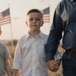 JD Vance standing arm‑in‑arm with a young boy and father holding hands looking at camera with American flags and soft light.