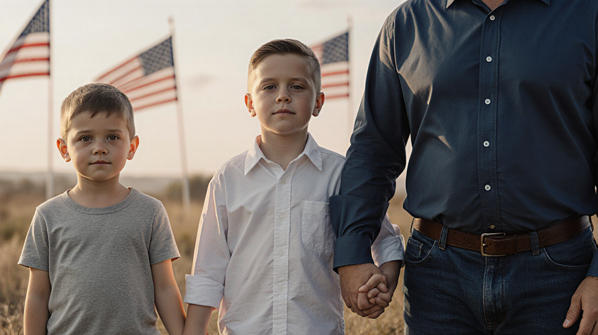 JD Vance standing arm‑in‑arm with a young boy and father holding hands looking at camera with American flags and soft light.