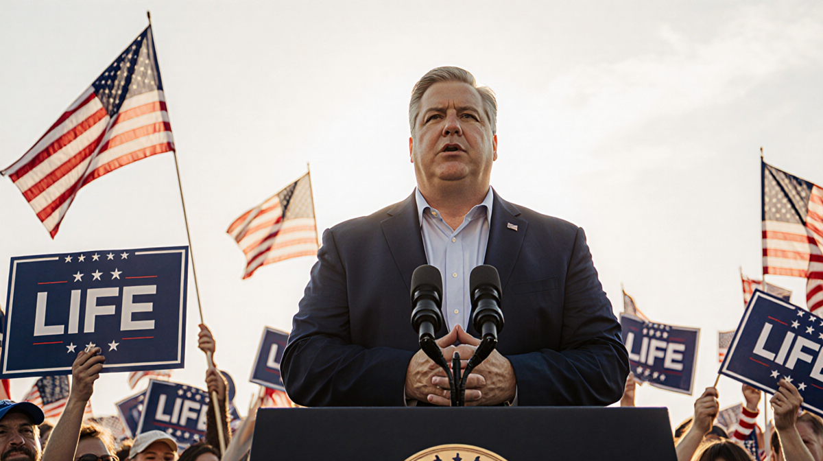 Vice President JD Vance speaking at podium with flags bearing patriotic colors and Life logos in crowd