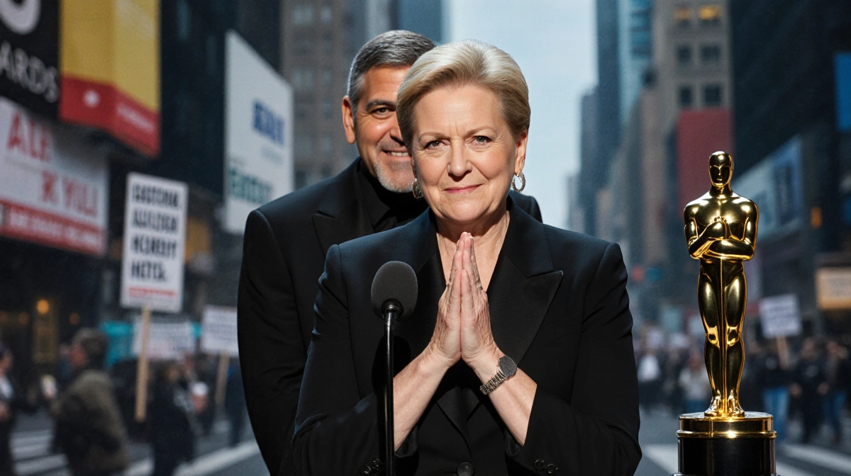 Jean Smart stands at microphone with determination while George Clooney smiles behind her and a Golden Globe sits nearby