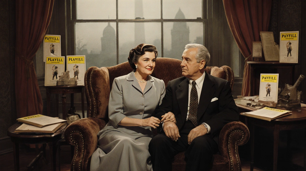 Jean Stapleton and William Putch sit together holding hands with vintage playbills and scripts from Harvey production visible