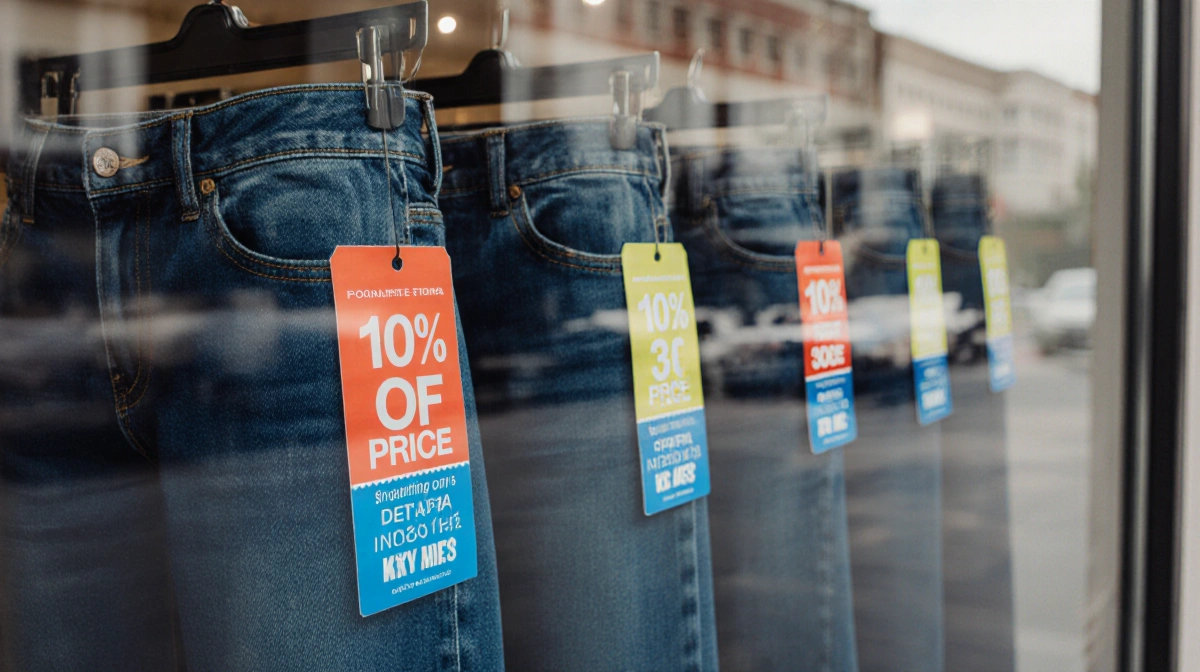 Row of identical jeans in store window with bright price tags showing discounts and glass reflections