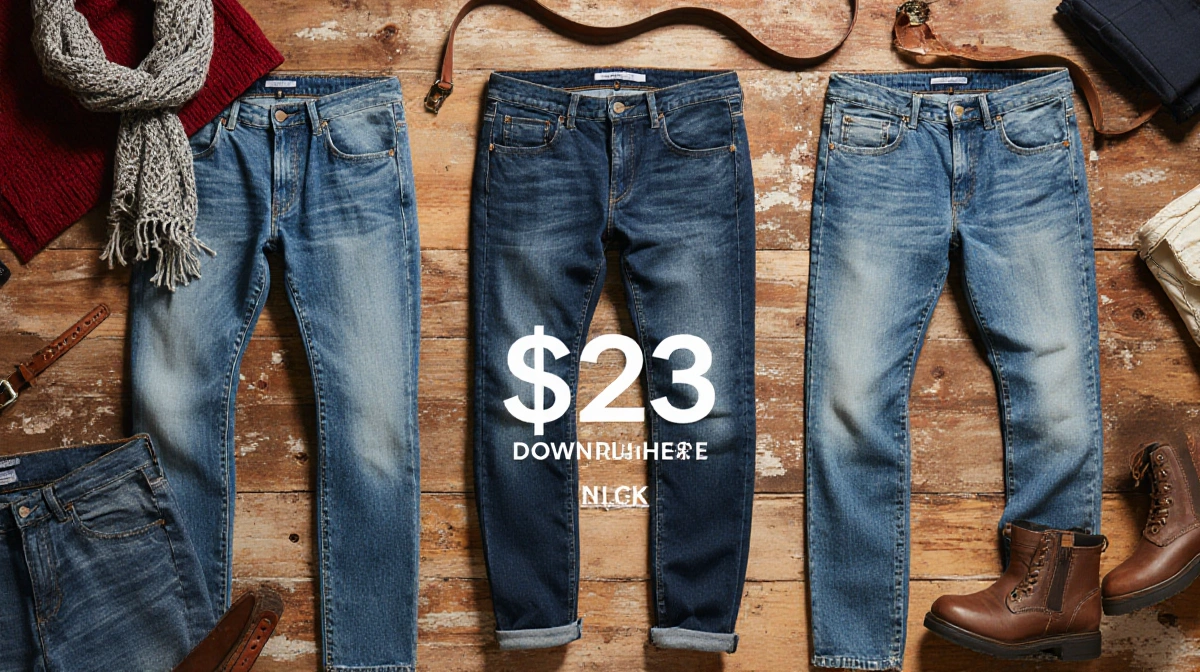 Three pairs of discount jeans in different washes arranged on weathered wood with belt and boots nearby