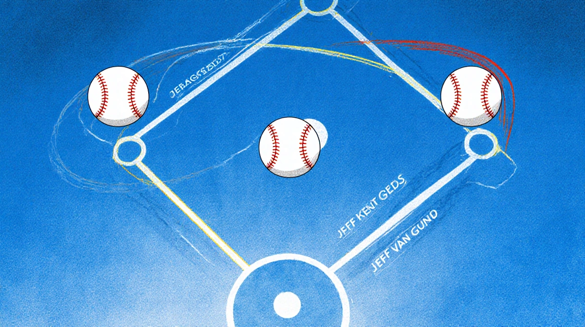 Three curved baseball trajectories form Jeffs logo over diamond with blue tones and stitched texture
