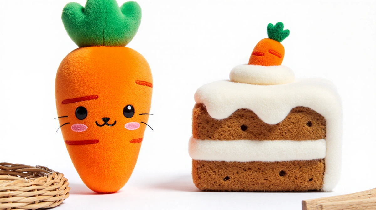 Two Jellycat plushies sit together with orange carrot and carrot cake showing soft textures on warm wood surface
