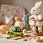 Jellycat spring collection arranged on shelf with Thimble Turtle and bunny showing plush toys and bag charms