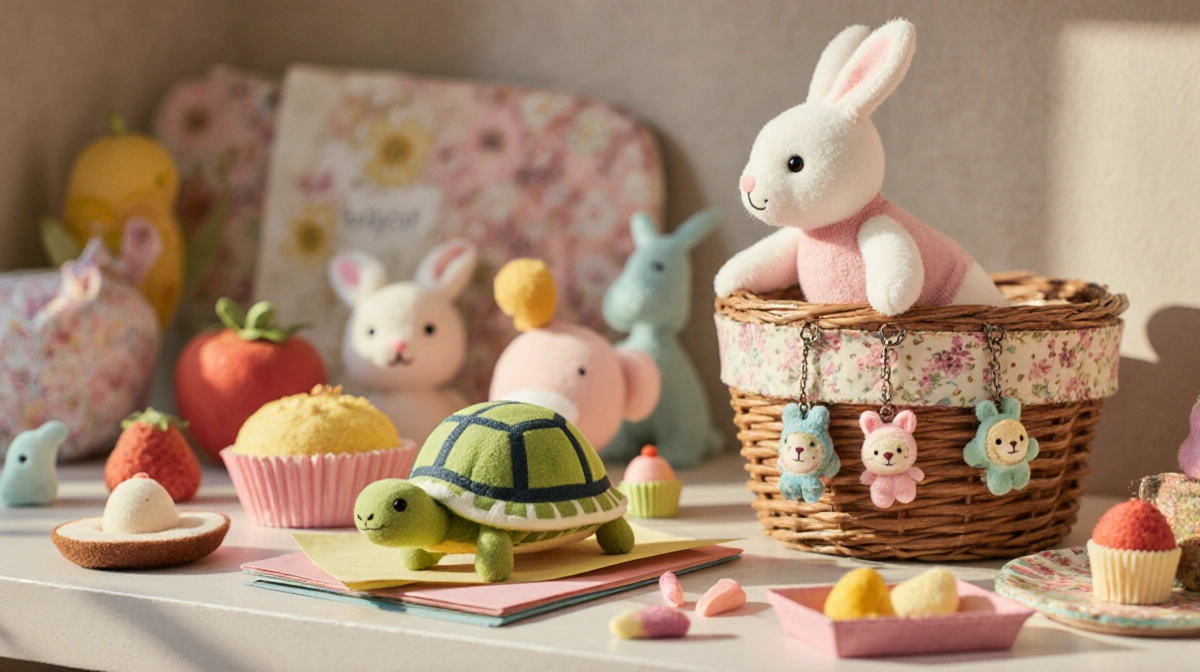 Jellycat spring collection arranged on shelf with Thimble Turtle and bunny showing plush toys and bag charms