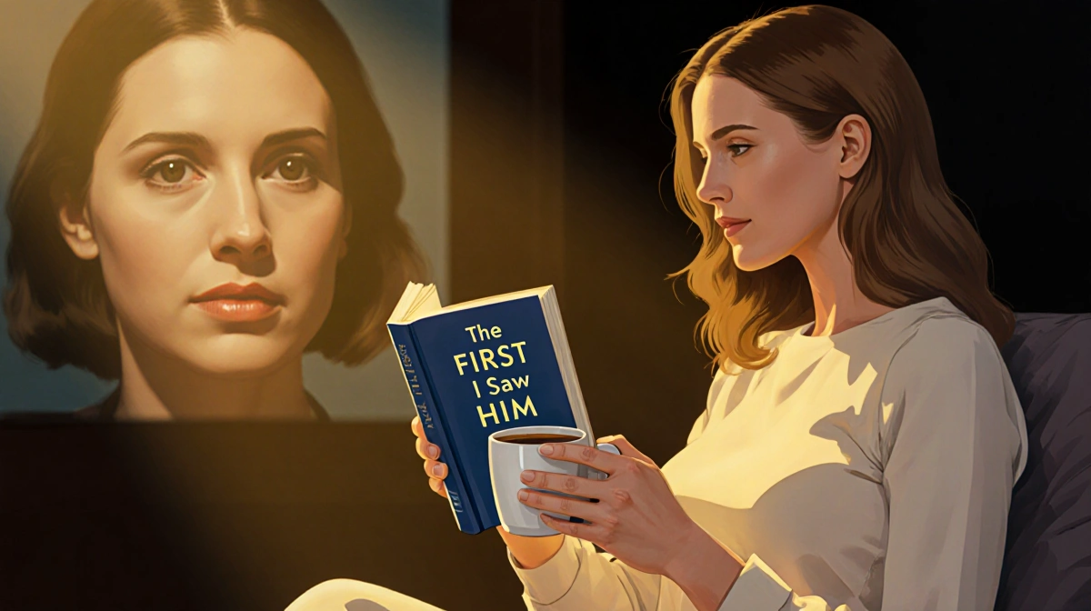 Jennifer Garner holding The First Time I Saw Him book with coffee cup and blurred Hannah Hall photo behind her in warm lighti