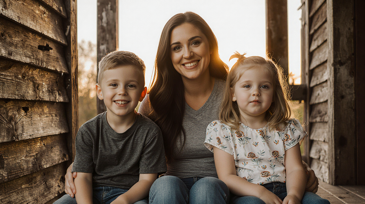 Jenelle Evans smiles with her children on a wooden porch under a sunset glow