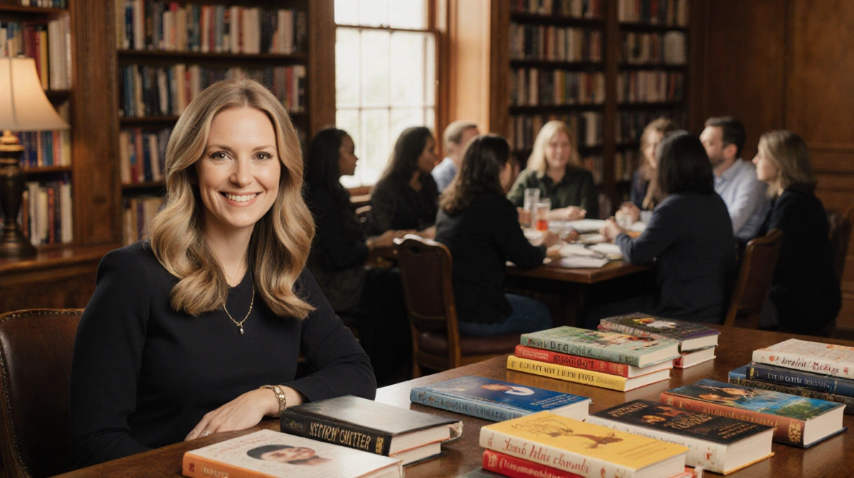 Jenna Bush Hager reading in cozy library with diverse books and people discussing in background
