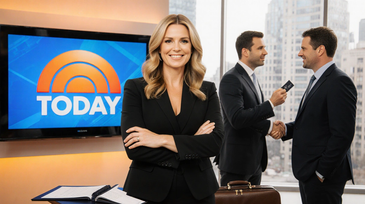 Jenna Bush Hager stands with crossed arms before TODAY show monitor with producers shaking hands nearby