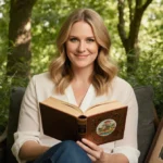 Jenna Bush Hager reads leather-bound memoir with watercolor illustrations while relaxing in garden with bookshelves behind