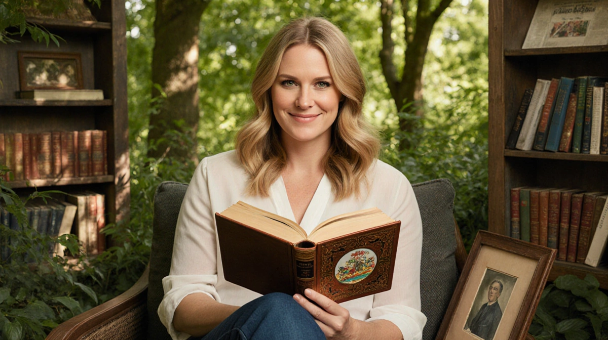Jenna Bush Hager reads leather-bound memoir with watercolor illustrations while relaxing in garden with bookshelves behind