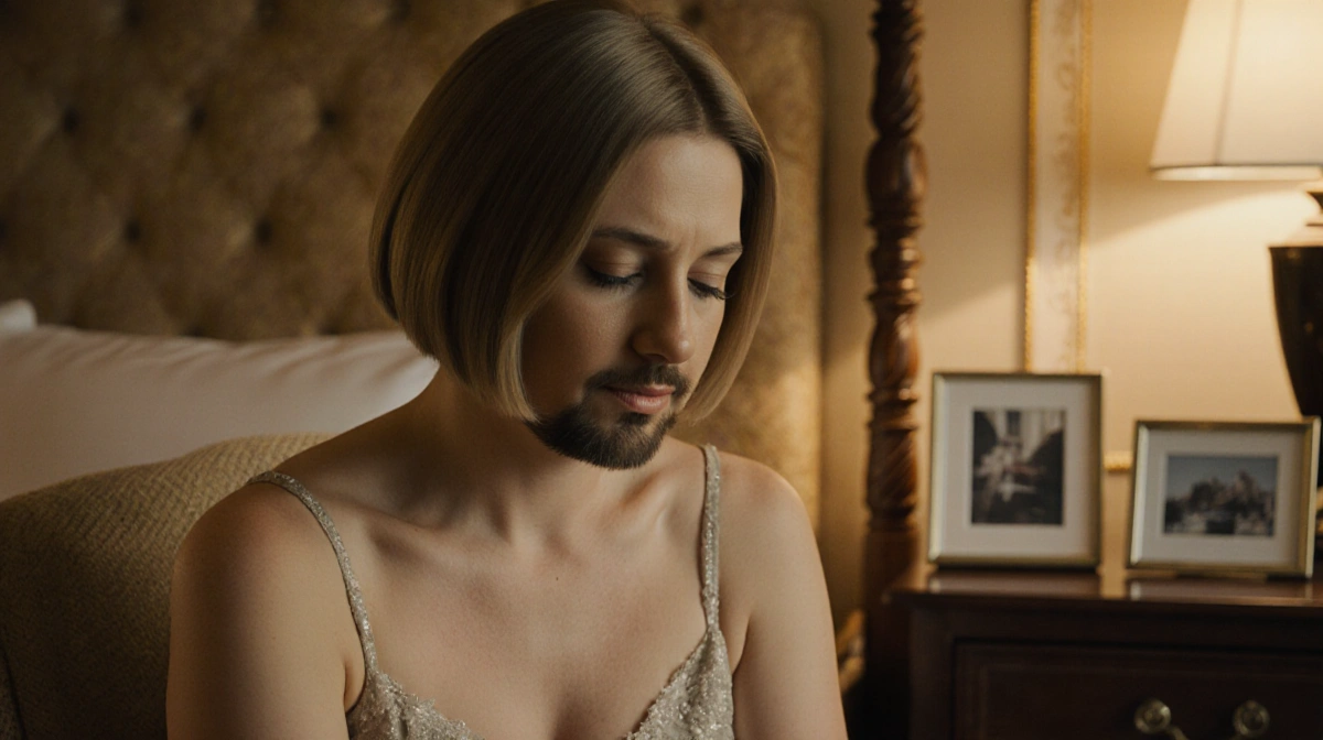 Jenna Fischer sits in elegant hotel room with short hair and framed photos showing her life journey