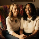 Jenna Bush Hager and Sheinelle Jones laughing together on cozy chair with hands intertwined and vintage scarf draped behind
