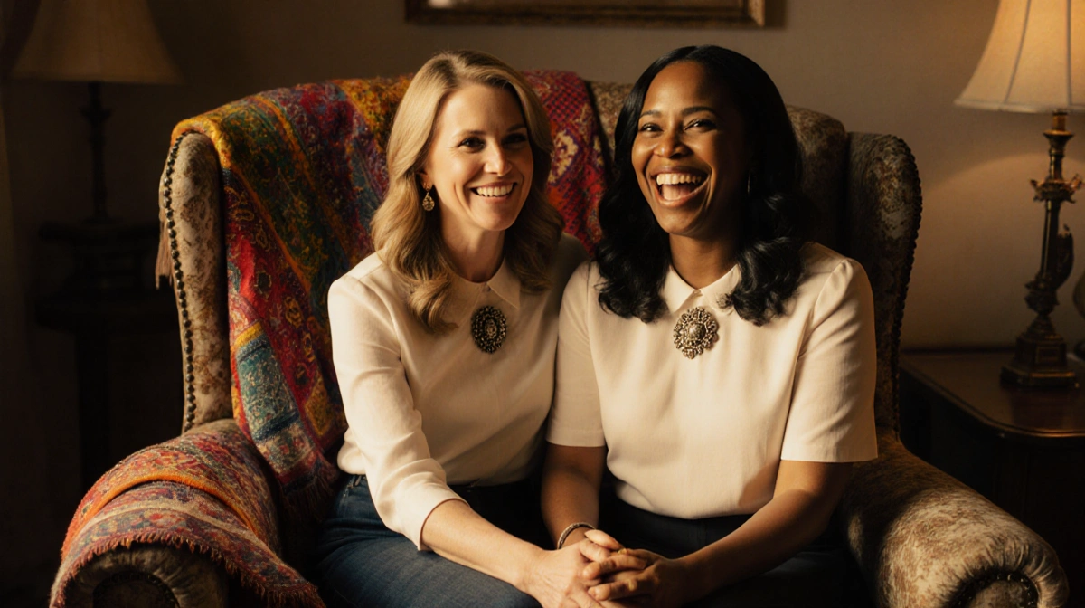 Jenna Bush Hager and Sheinelle Jones laughing together on cozy chair with hands intertwined and vintage scarf draped behind
