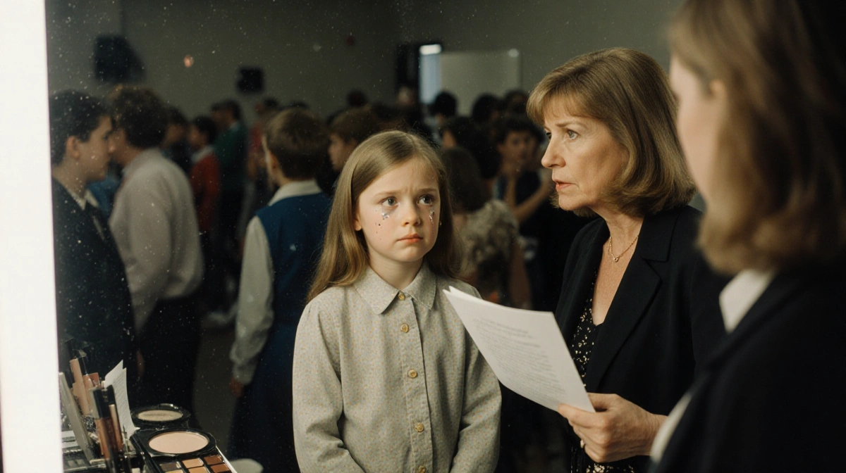 Young Jennette McCurdy standing at dressing room mirror with her mother holding a script and speaking over her shoulder