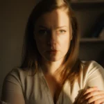 Jennette McCurdy gazes forward with arms crossed and warm golden light illuminating her face with books on a shelf behind her