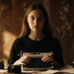 Jennette McCurdy holds vintage typewriter with golden light on her face and script pages scattered on wood floor