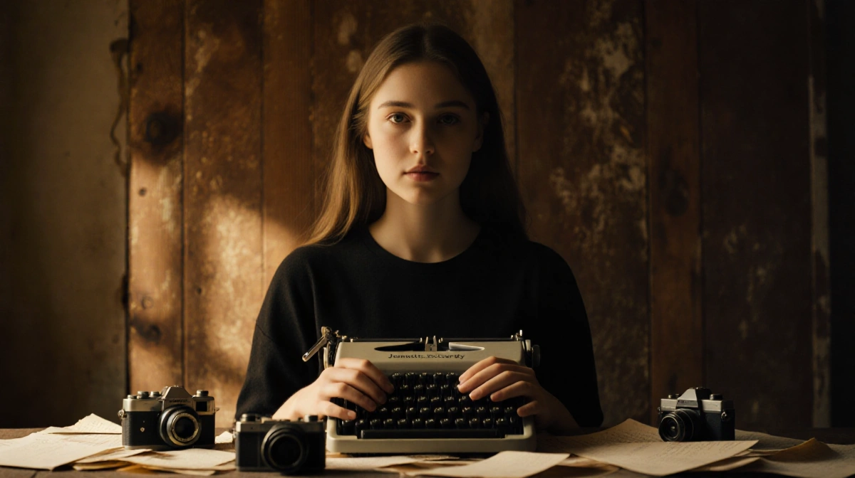 Jennette McCurdy holds vintage typewriter with golden light on her face and script pages scattered on wood floor