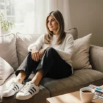 Jennifer Aniston relaxes on couch wearing Adidas Sambas with coffee and magazines nearby