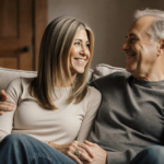 Jennifer Aniston and Jim Curtis sit on couch with warm smiles in a cozy living room.