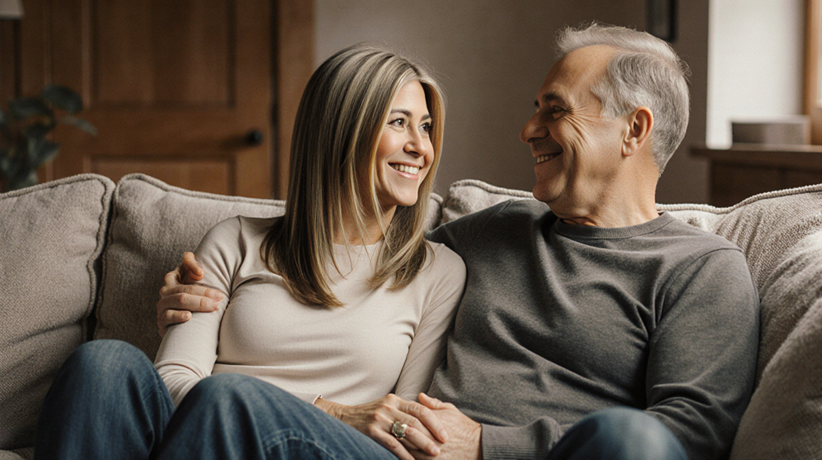 Jennifer Aniston and Jim Curtis sit on couch with warm smiles in a cozy living room.