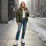 Jennifer Aniston standing on a NYC sidewalk with stylish green jacket and white sneakers amid falling snow.