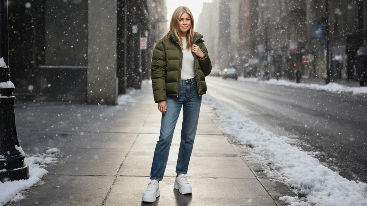 Jennifer Aniston standing on a NYC sidewalk with stylish green jacket and white sneakers amid falling snow.