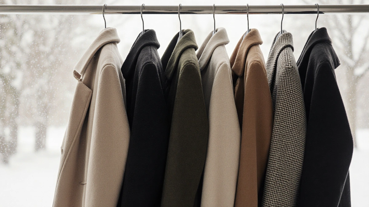 Eight winter coats hang on closet rack with soft white lighting showing textures and neutral colors with snowy windowpane in 