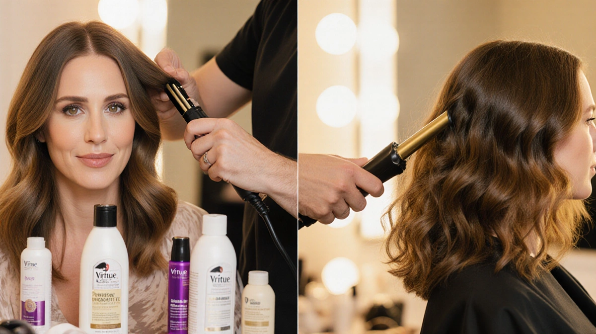 Jennifer Garner sitting at vanity with stylist hands holding Schwarzkopf product while curling iron transforms her brunette h