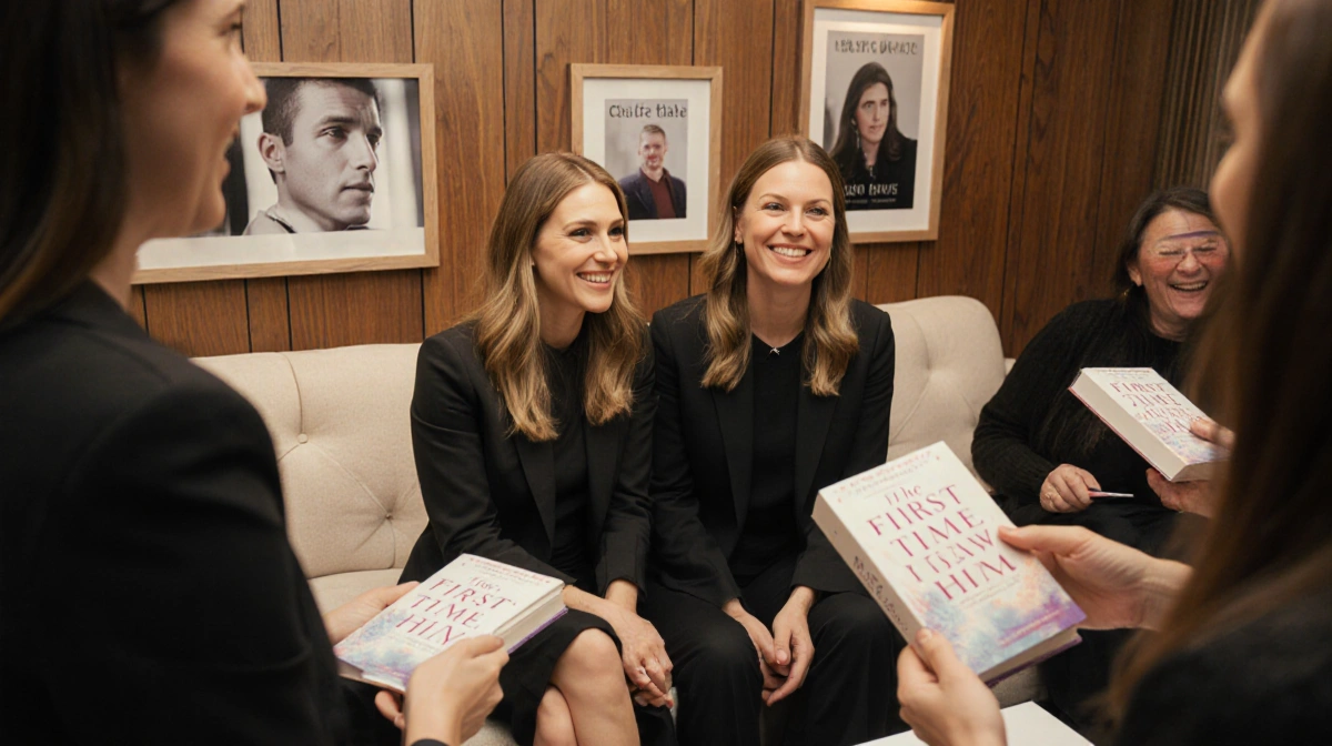 Jennifer Garner and Laura Dave signing books with fans and copies of The First Time I Saw Him on cream couch