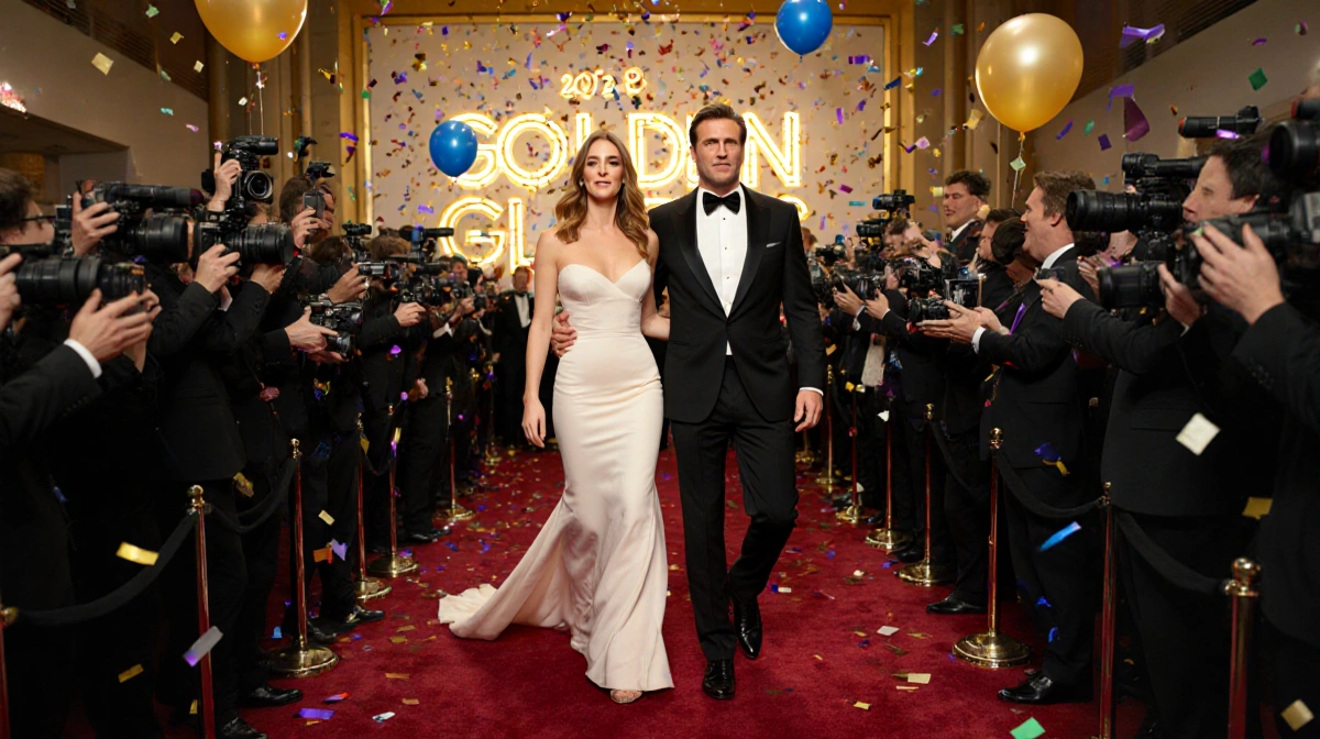 Jennifer Garner and Mark Ruffalo walk the red carpet with Golden Globes backdrop and Hollywood sign behind them