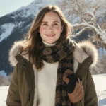 Woman wearing fur-lined parka with white sweater and boots standing near snow-covered trees with warm sunlight on her face