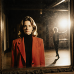 Woman in red blazer looks into faded mirror with Dirty Dancing glow and dance studio silhouette
