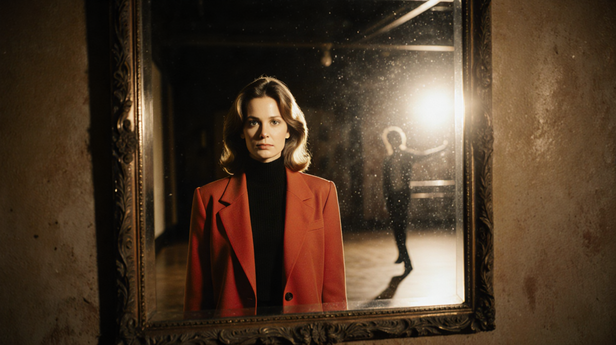 Woman in red blazer looks into faded mirror with Dirty Dancing glow and dance studio silhouette