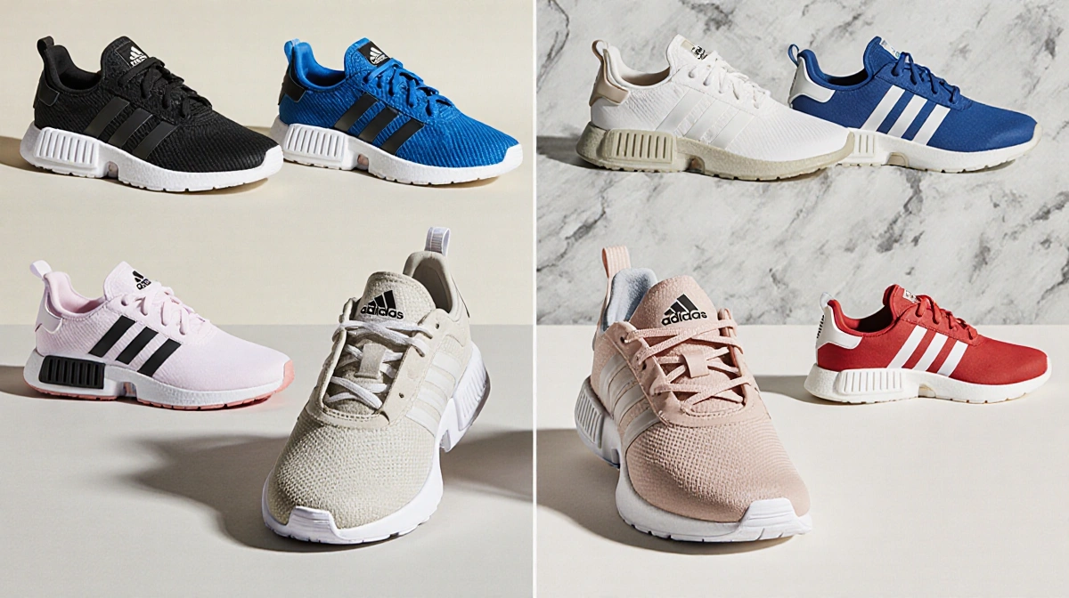 Jennifer Lawrence Adidas taekwondo shoes sit side by side with price tags showing $90 and sale price $63 with colorful shoe o