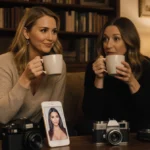 Jennifer sipping tea with Amy Poehler in a cozy living room filled with books and vintage cameras