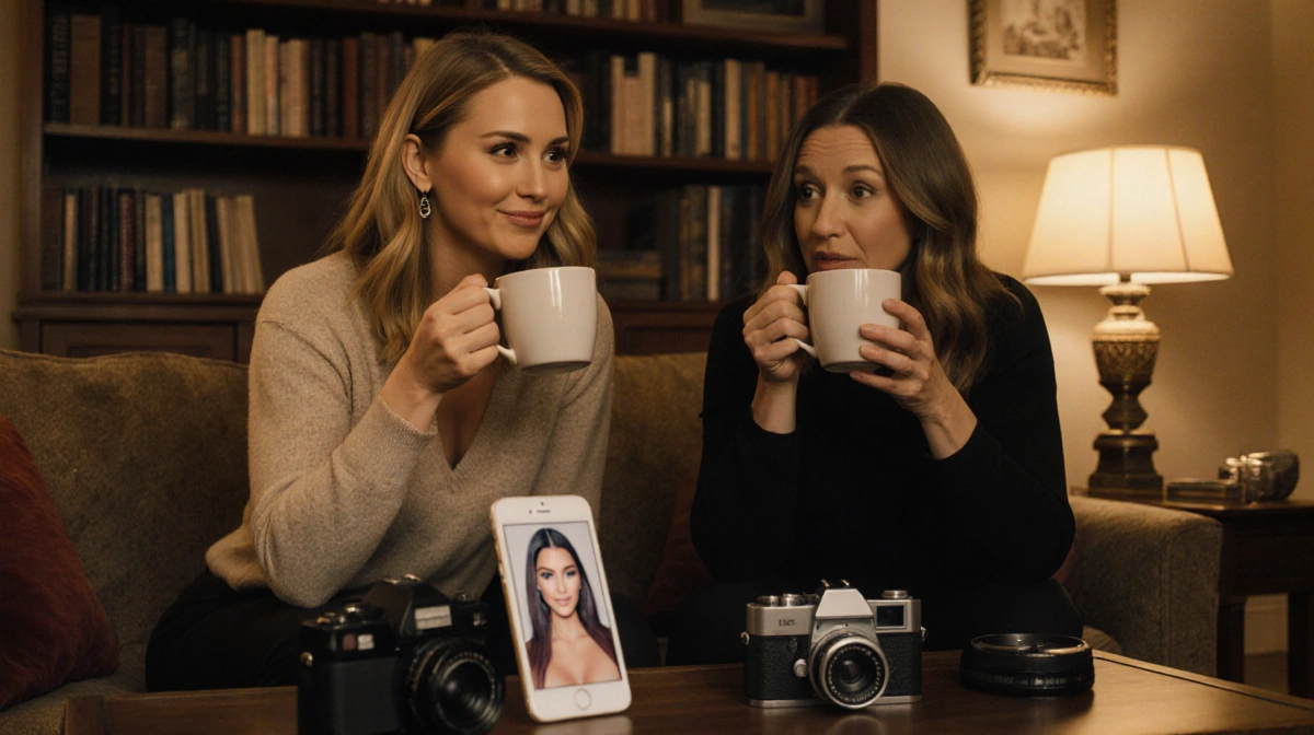 Jennifer sipping tea with Amy Poehler in a cozy living room filled with books and vintage cameras