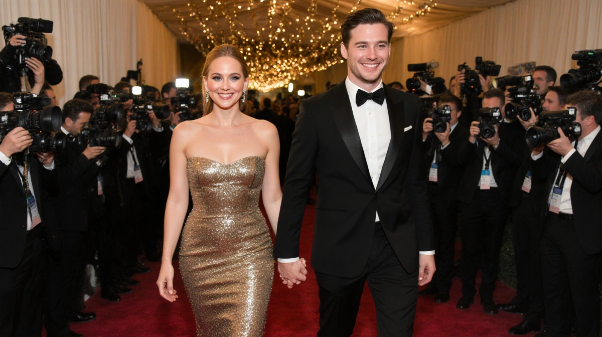 Jennifer Lawrence and Cooke Maroney walking hand-in-hand on the red carpet with golden lights and flashbulbs illuminating the