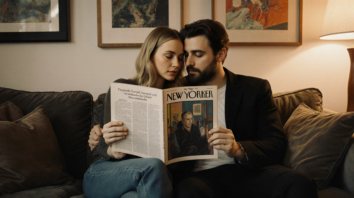 Jennifer Lawrence and Cooke Maroney relaxing on couch with New Yorker magazine and art pieces showing their private love stor