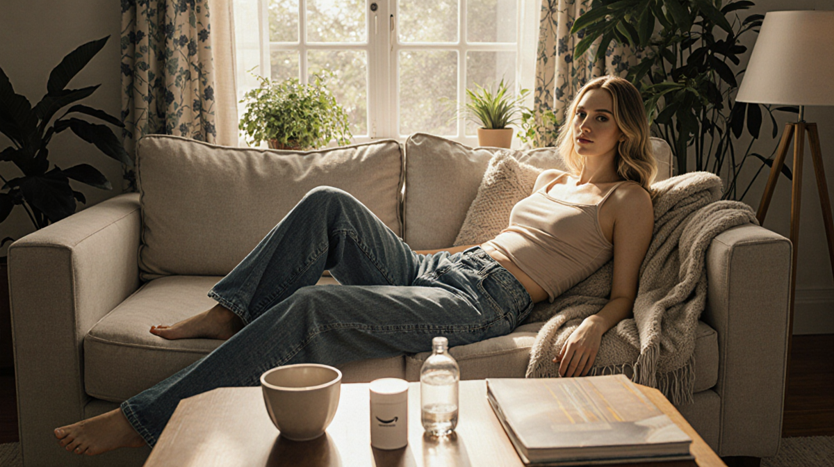 Jennifer Lawrence lounging on a cozy couch in neutral jeans and trousers with warm sunlit light and lush greenery.