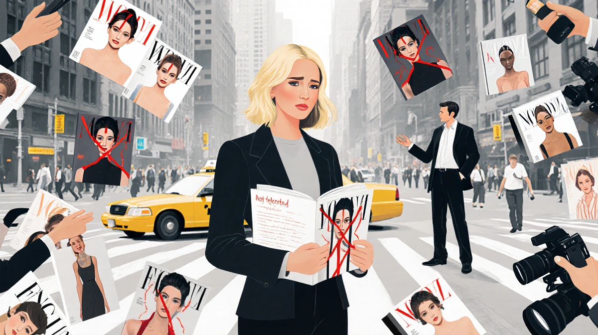 Jennifer Lawrence stands unenthusiastic with fashion portfolio and cameras showing NYC street behind