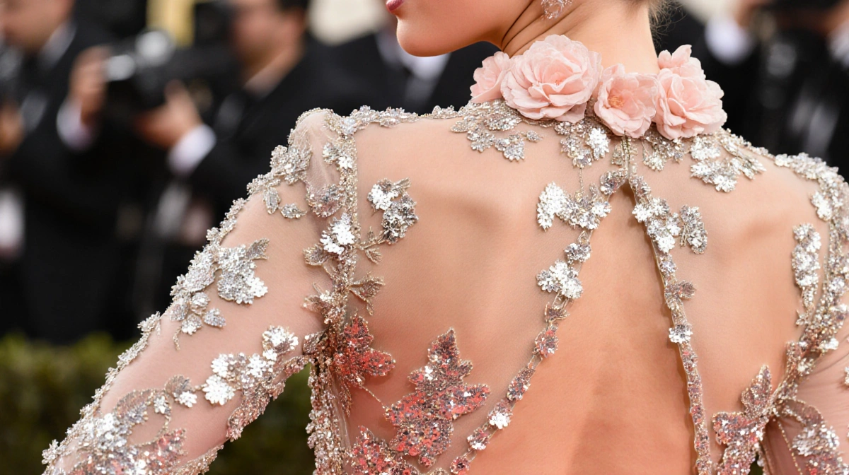 Jennifer Lawrence removing her pink floral collar to reveal the bare back of her sequined Golden Globes gown with delicate em
