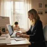 Jennifer Lawrence working on laptop at organized home office desk with family photos and child playing nearby