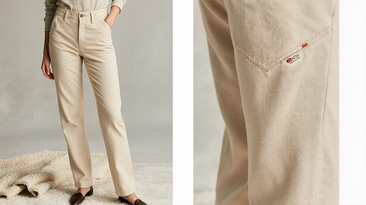 Jennifer Lawrence relaxes in tapered comfort fit pants with visible stitching and cozy home textures behind her