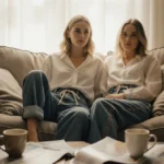 Jennifer Lawrence and Margot Robbie relaxing on couch with coffee cups and magazines showing casual denim style