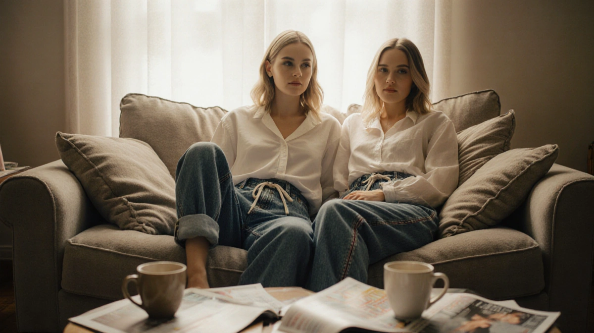 Jennifer Lawrence and Margot Robbie relaxing on couch with coffee cups and magazines showing casual denim style
