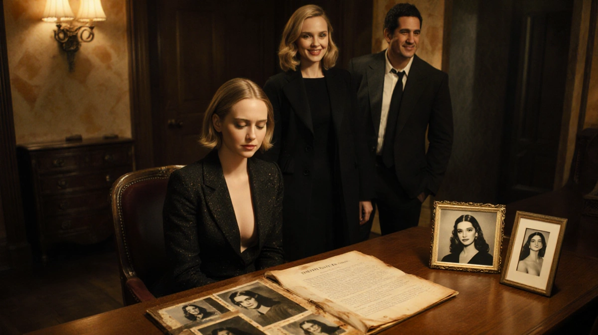 Jennifer Lawrence sits at table with Sharon Tate photos and script while Margot Robbie stands nearby